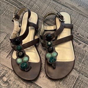 Dexflex Comfort Brown Sandals with Green Embellishments, Size 7